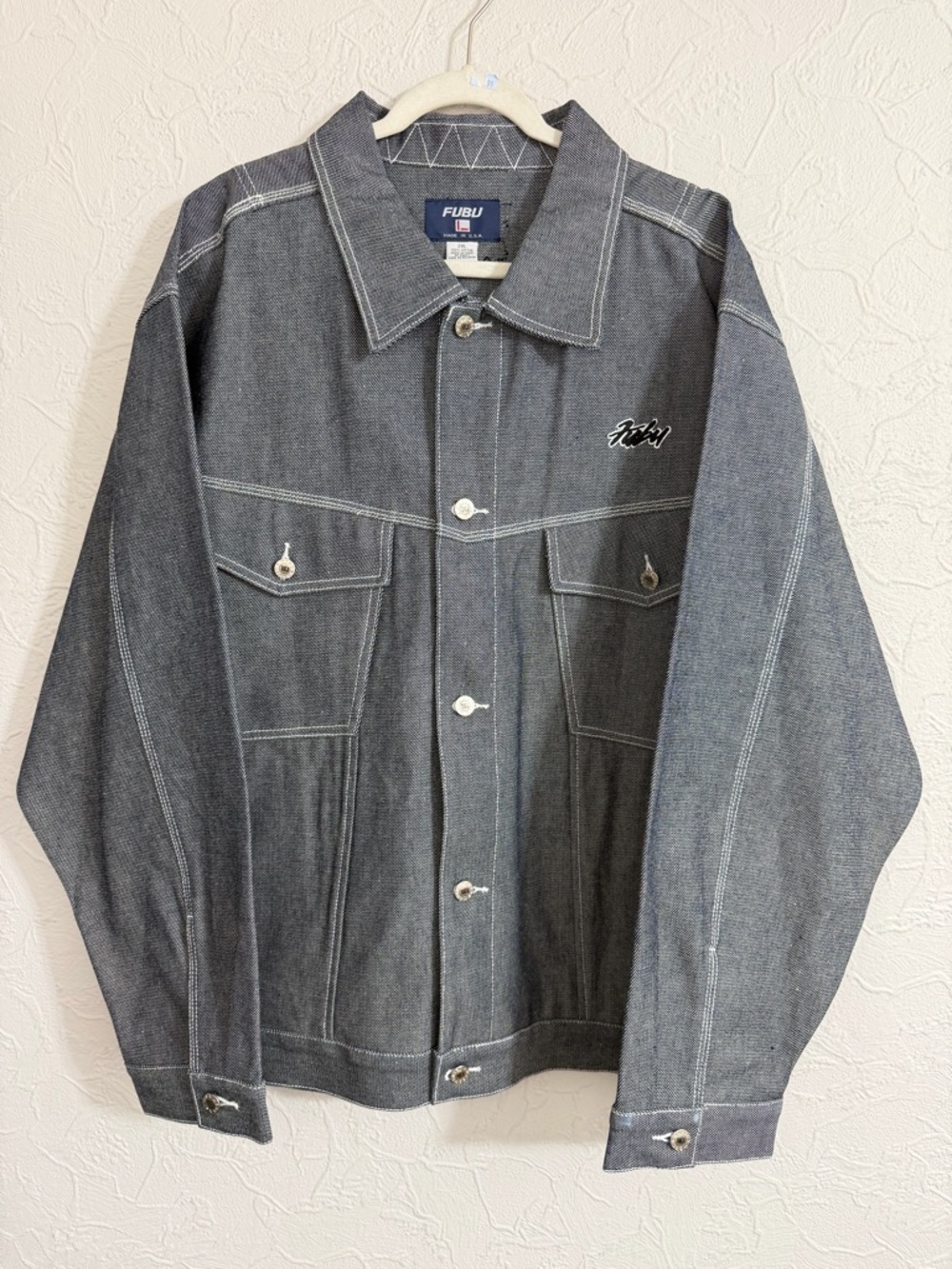 FUBU Jean Jacket Mens Dark Gray Denim Trucker Zip Y2K Streetwear 90s Size XXL